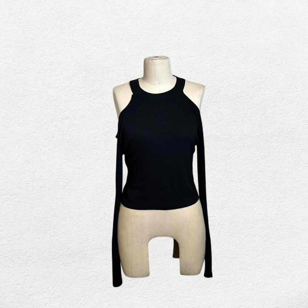 Heart Hips Long Sleeve Top in Black with Cut Out Shoulders